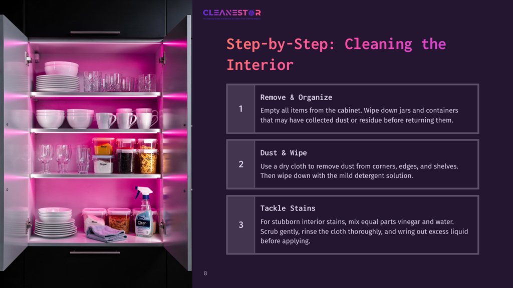 8 Step By Step Cleaning The Interior Step-By-Step Guide To Cleaning Kitchen Cabinets, Featuring A Brightly Lit Cabinet Filled With Dishes, Glassware, And Jars, With Text Overlays Detailing The Cleaning Process: Remove &Amp; Organize, Dust &Amp; Wipe, And Tackle Stains.