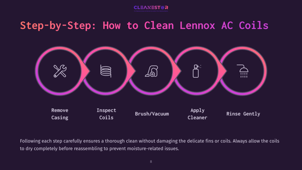 Step-By-Step Guide With Icons For Cleaning Ac Coils: Remove Casing, Inspect Coils, Brush/Vacuum, Apply Cleaner, Rinse Gently.