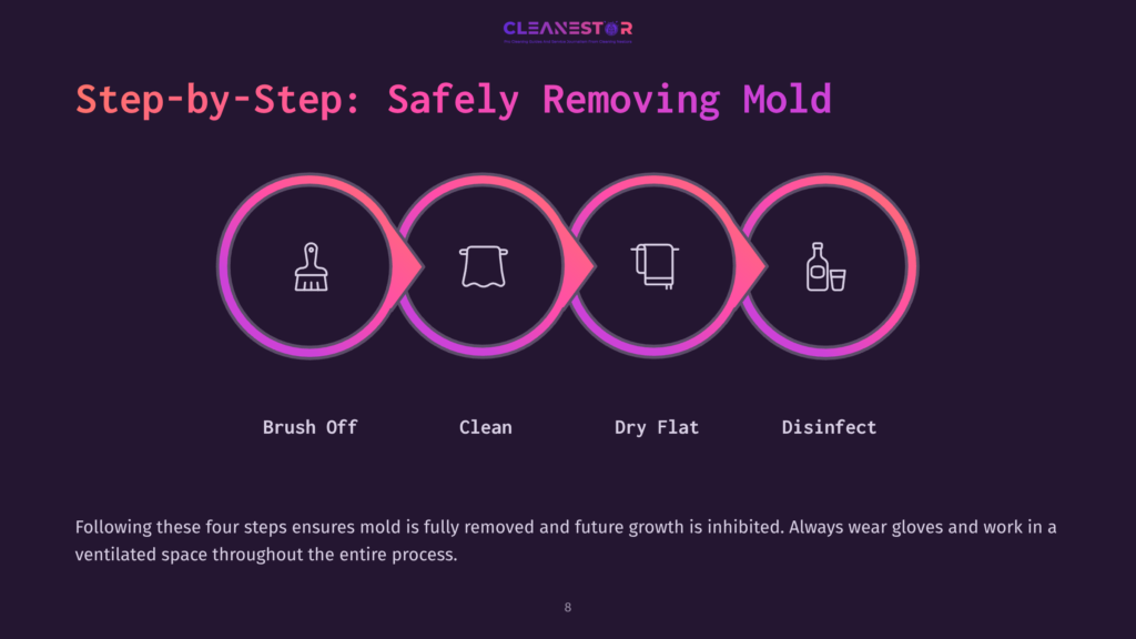 Four Circular Icons In A Row Depict A Brush, Cloth, Flat Drying, And Disinfectant, Accompanied By Brief Instructional Text Below.