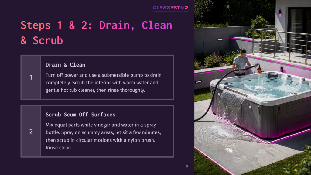 A Hot Tub With Water Flowing Out, A Person Scrubbing Its Surface, And A Spray Bottle Nearby. Bright Pink Accents And A Modern Setting.