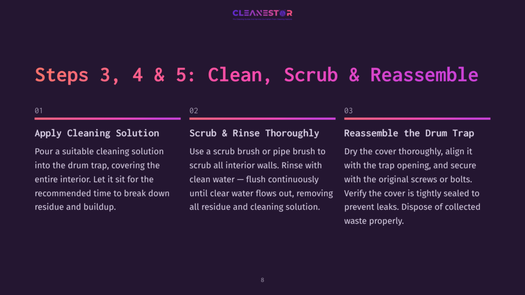 8 Steps 3 4 And 5 Clean Scrub And Reassemble Instructions In Purple And White Text Detailing Steps For Cleaning A Drum Trap, With Clear Headings For Each Step And A Structured Layout.