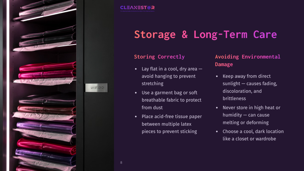 Cleanestor Storage Cabinet Filled With Neatly Folded Latex Garments In Vibrant Colors Like Red, Pink, And Black, With Text Overlay About Storage And Long-Term Care.