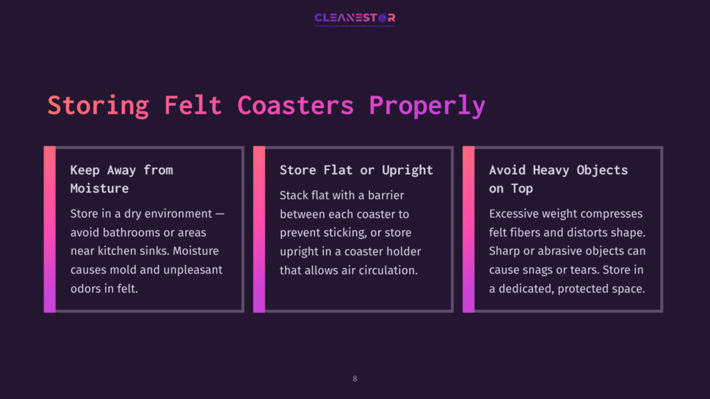 Three Sections On A Dark Background Provide Tips For Storing Felt Coasters, Highlighted With Pink And Purple Text, Featuring Icons For Clarity.