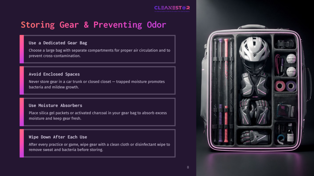 Cleanestor Gear Bag With Compartments For Storing Sports Equipment, Including A Helmet, Bats, Gloves, And Balls, With Text Detailing How To Store Gear And Prevent Odors.