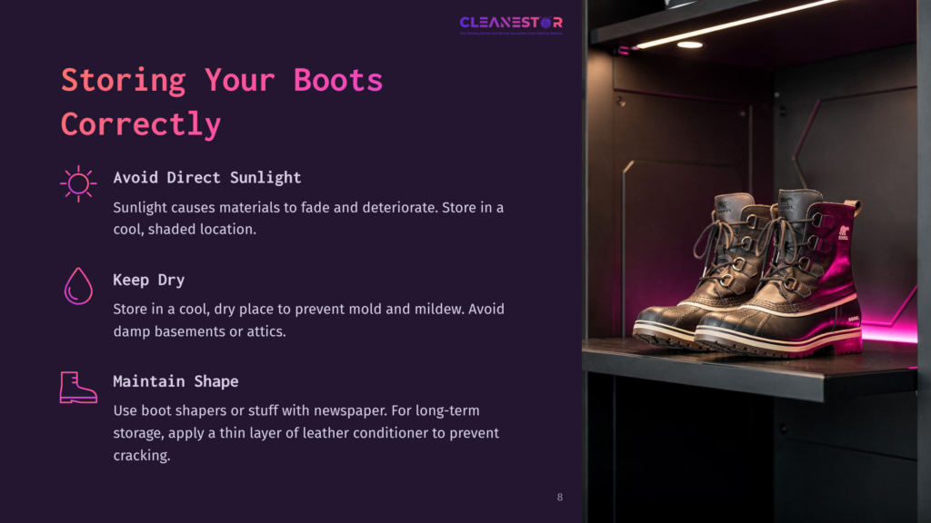 8 Storing Your Boots Correctly Cleanestor Logo At The Top Of A Slide About Storing Boots Correctly. The Slide Features Tips Such As &Quot;Avoid Direct Sunlight,&Quot; &Quot;Keep Dry,&Quot; And &Quot;Maintain Shape.&Quot; A Pair Of Black Sorel Boots Are Displayed On A Shelf With Pink Lighting.