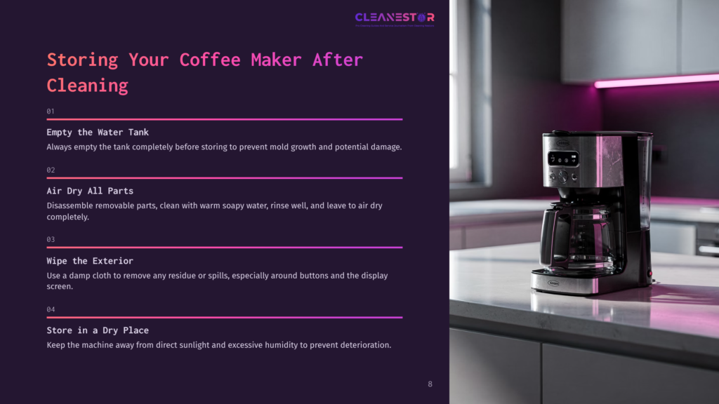 8 Storing Your Coffee Maker After Cleaning A Black Coffee Maker With A Glass Carafe Sits On A Modern Kitchen Counter With A Pink Light Accent. The Coffee Maker Has A Silver Finish And A Digital Display.