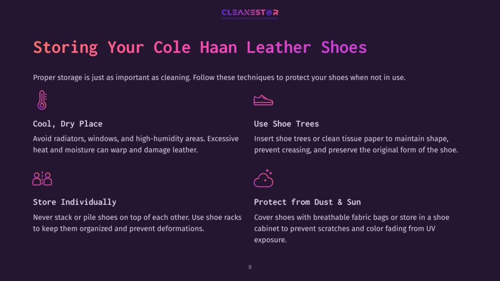 Cleanestor Guide To Storing Cole Haan Leather Shoes: Use Shoe Trees, Store Individually, Protect From Dust And Sun, And Maintain Cool, Dry Conditions.