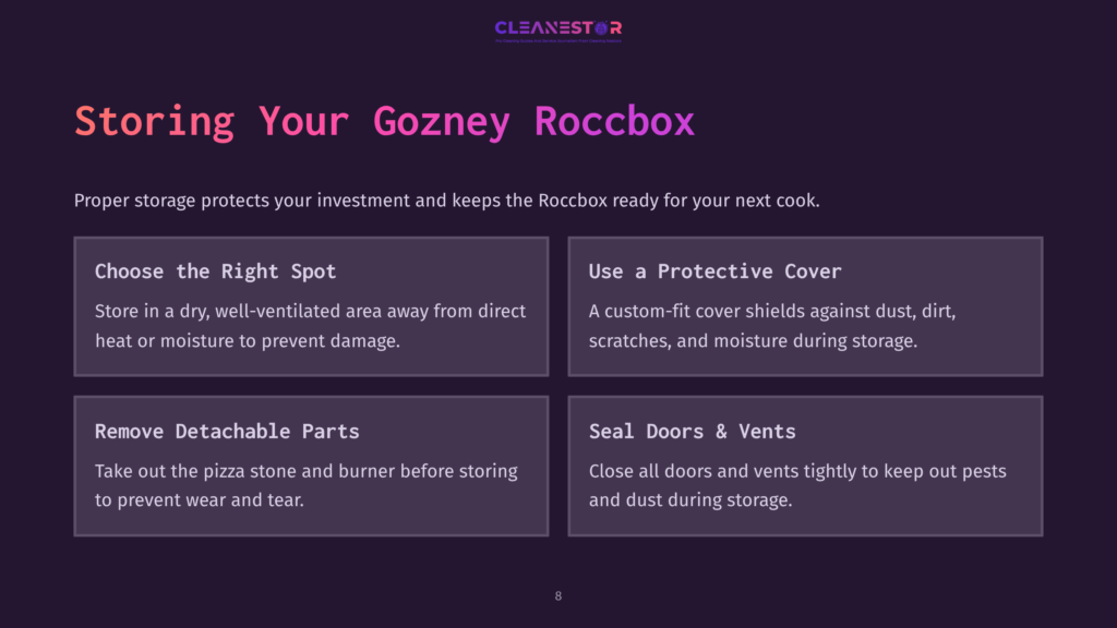 Tips For Storing A Gozney Roccbox, Featuring Four Sections With White Text On A Purple Background, Outlining Best Practices For Care.