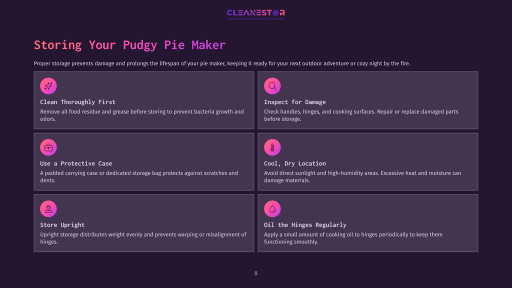 Infographic Detailing How To Properly Store A Pie Maker, With Icons And Text Covering Cleaning, Inspection, Protective Cases, Location, Upright Storage, And Hinge Lubrication.