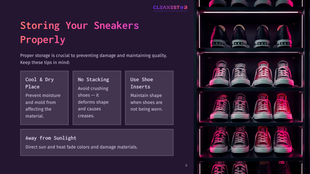 A Dark, Sleek Display Cabinet With Multiple Shelves Filled With Colorful Sneakers, Showcasing Proper Sneaker Storage Tips Like &Quot;Cool &Amp; Dry Place&Quot; And &Quot;No Stacking.