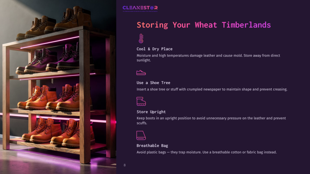 Wheat Timberland Boots Are Neatly Stored On A Multi-Tiered Wooden Shelf With Pink Led Lighting. The Image Includes Text: &Quot;Cleanestor&Quot;, &Quot;Storing Your Wheat Timberlands&Quot;, &Quot;Cool &Amp; Dry Place&Quot;, &Quot;Use A Shoe Tree&Quot;, &Quot;Store Upright&Quot;, And &Quot;Breathable Bag&Quot;.