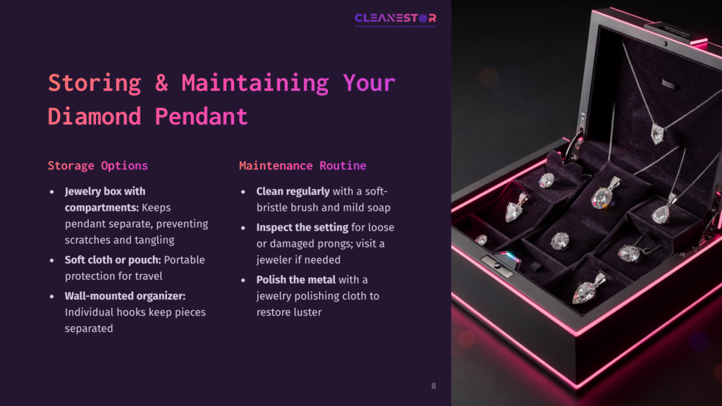 Visual Instructions For Cleaning A Diamond Pendant, Featuring A Dark Background, A Jewelry Box Displaying Various Pendants, And Maintenance Tips.