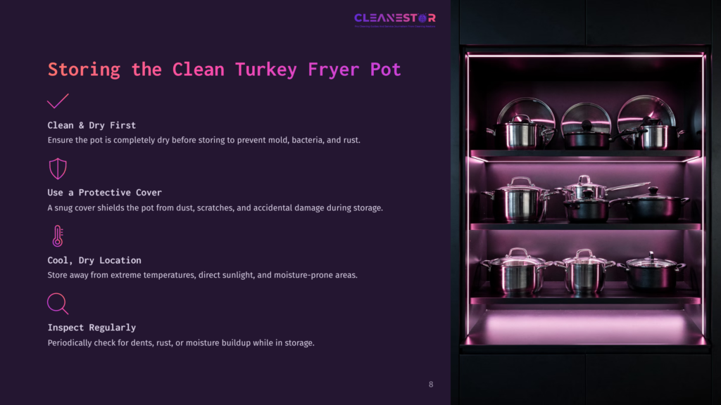 Cleanestor Logo Above Text About Storing A Turkey Fryer Pot, With A Modern, Sleek Cabinet Displaying Stacked Pots With Pink Led Lighting.