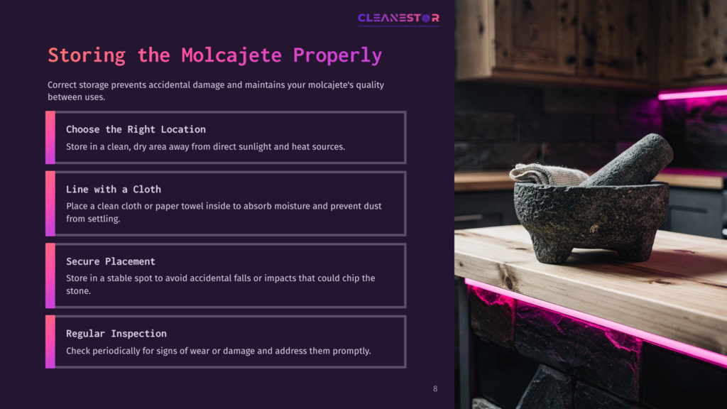 A Rustic Molcajete Sits On A Wooden Surface With Pink Lighting, Alongside Text Boxes Detailing Storage Tips And Care Instructions.