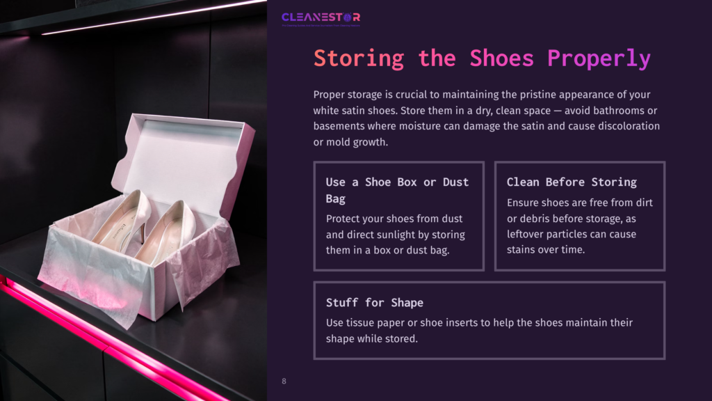 White Satin Dress Shoes Are Carefully Placed In A White Shoebox Lined With Tissue Paper, Showcasing Proper Shoe Storage Techniques.