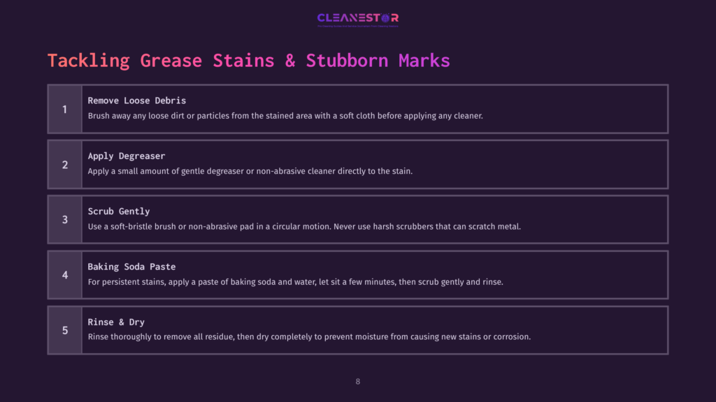 Instructions For Cleaning Metal Cabinets, Featuring Steps In White Text On A Dark Purple Background, With Headings And Bullet Points For Clarity.