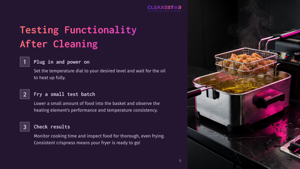 Cleanestor Fryer With A Basket Of Golden-Brown Fried Food, Steam Rising. Instructions: 1. Plug In And Power On. 2. Fry A Small Test Batch. 3. Check Results.