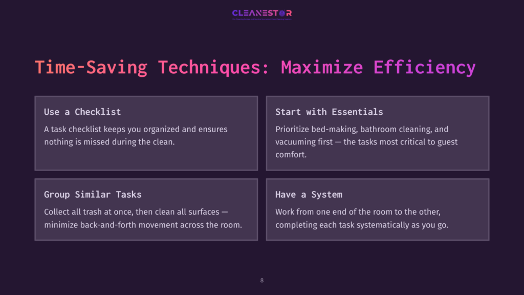 Four Boxes With Text On A Dark Background Offer Cleaning Tips: Checklist, Essentials First, Small Tasks, And Systematic Approach.