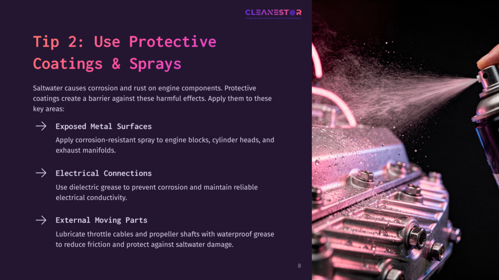 Close-Up Of A Spray Can Misting A Metallic Engine Part With Pink Protective Coating To Prevent Saltwater Corrosion And Rust.