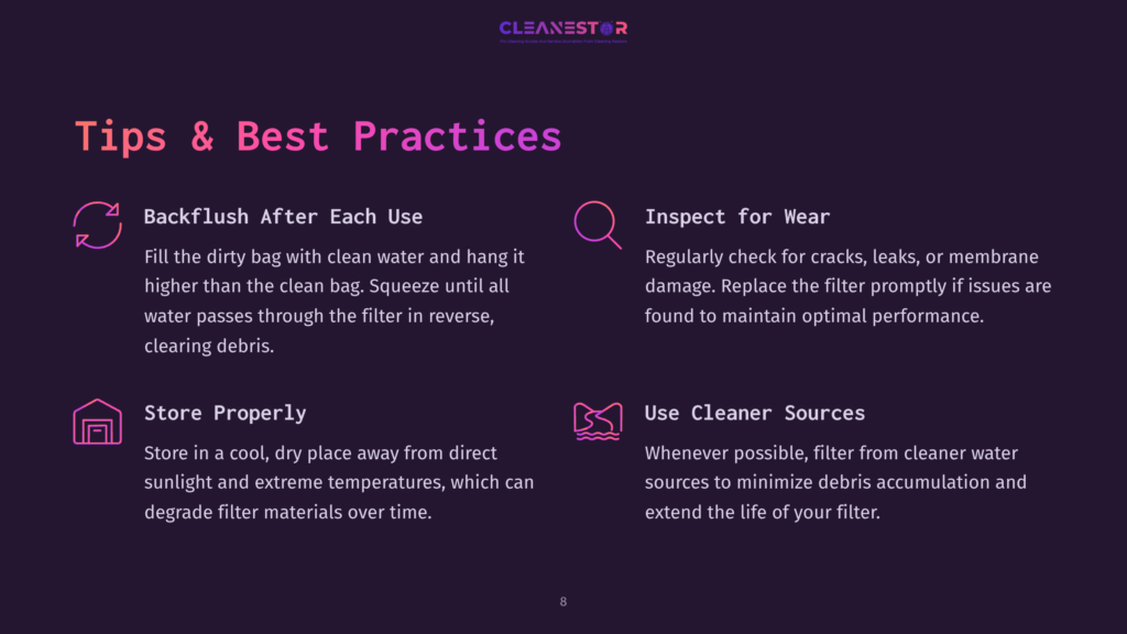 8 Tips And Best Practices Tips And Best Practices For Cleaning A Platypus Gravity Filter, With A Purple Background, White Text, And Icons Illustrating Key Points.