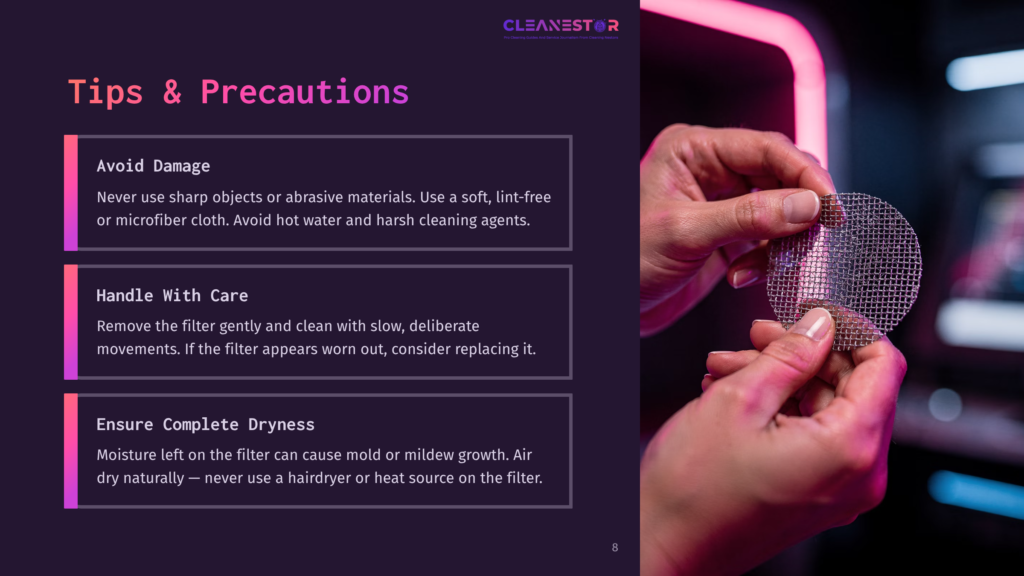 A Person Holds A Circular, Mesh Filter With Care, Surrounded By Dark And Vibrant Colors, Emphasizing Tips For Maintaining A Dyson Airwrap Filter.