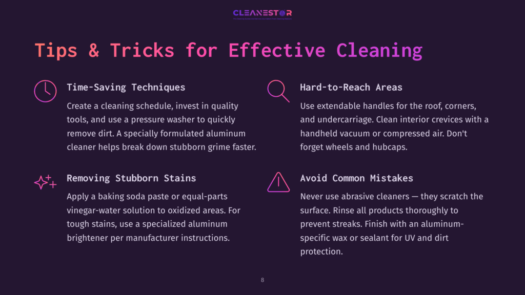 Text On A Dark Background Outlines Tips For Cleaning Aluminum Horse Trailers, Featuring Headings In Bright Colors For Emphasis.