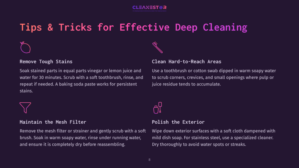 Deep Cleaning Tips Graphic With Icons For Tough Stains, Hard-To-Reach Areas, Mesh Filters, And Polishing Exteriors. Text Includes &Quot;Tips &Amp; Tricks For Effective Deep Cleaning.
