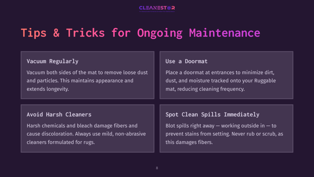 A Dark Purple Background With A Light Purple Gradient At The Top, Featuring The Cleanestor Logo. The Main Content Displays &Quot;Tips &Amp; Tricks For Ongoing Maintenance&Quot; In Large, Bold, Bright Pink Text. Below This, Four Distinct Sections Offer Advice On Rug Maintenance: &Quot;Vacuum Regularly,&Quot; &Quot;Use A Doormat,&Quot; &Quot;Avoid Harsh Cleaners,&Quot; And &Quot;Spot Clean Spills Immediately,&Quot; Each With Concise Bullet Points.
