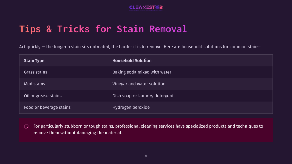 Text-Heavy Slide With A Dark Background. Lists Stain Types And Household Solutions, Including Baking Soda And Vinegar, In A Clear Layout.
