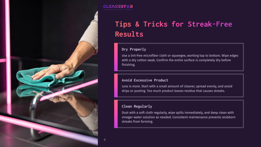 A Person Cleaning A Glass Table With A Microfiber Cloth, Surrounded By Purple And Pink Neon Lighting, With Cleaning Tips Visible On The Side.