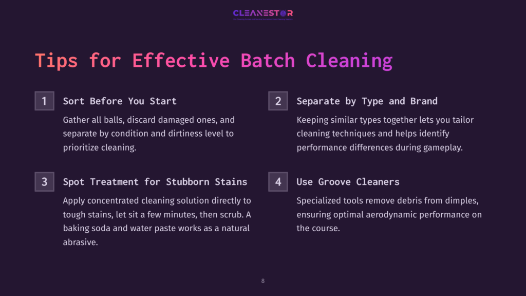 8 Tips For Effective Batch Cleaning Infographic With The Title &Quot;Tips For Effective Batch Cleaning&Quot; Listing Four Steps: &Quot;Sort Before You Start,&Quot; &Quot;Separate By Type And Brand,&Quot; &Quot;Spot Treatment For Stubborn Stains,&Quot; And &Quot;Use Groove Cleaners.