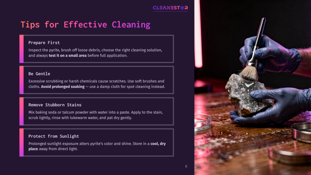 8 Tips For Effective Cleaning 1 Close-Up Of Gloved Hands Gently Cleaning A Rough, Grey-And-White Mineral Specimen With A Small Brush, Revealing Detailed Textures And A Small Petri Dish Nearby On A Dark Wood Surface. Text Overlay: &Quot;Cleanestor&Quot; And &Quot;Tips For Effective Cleaning&Quot;.