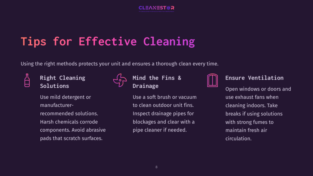 Text On A Purple And Pink Background With Cleaning Tips For Ductless Mini-Splits, Featuring Icons For Cleaning Tools And Drainage.
