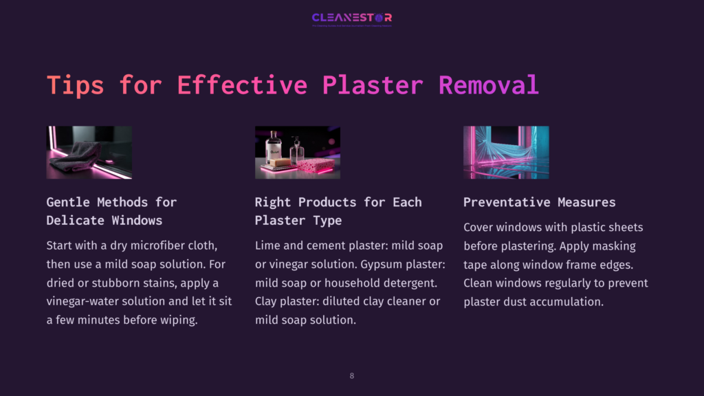 Text-Filled Graphic With Pastel Colors, Featuring Cleaning Tips For Plaster Removal, Organized In Sections With Icons And Headings.