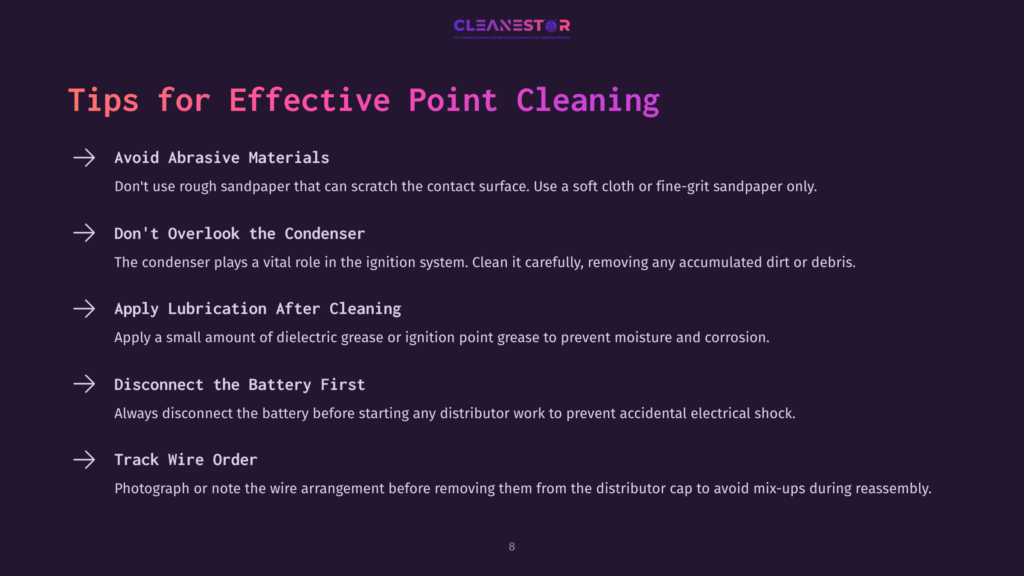Text On A Dark Background Featuring Cleaning Tips With Bullet Points. Key Colors: Purple, White, And Pink. Clear, Instructional Layout.