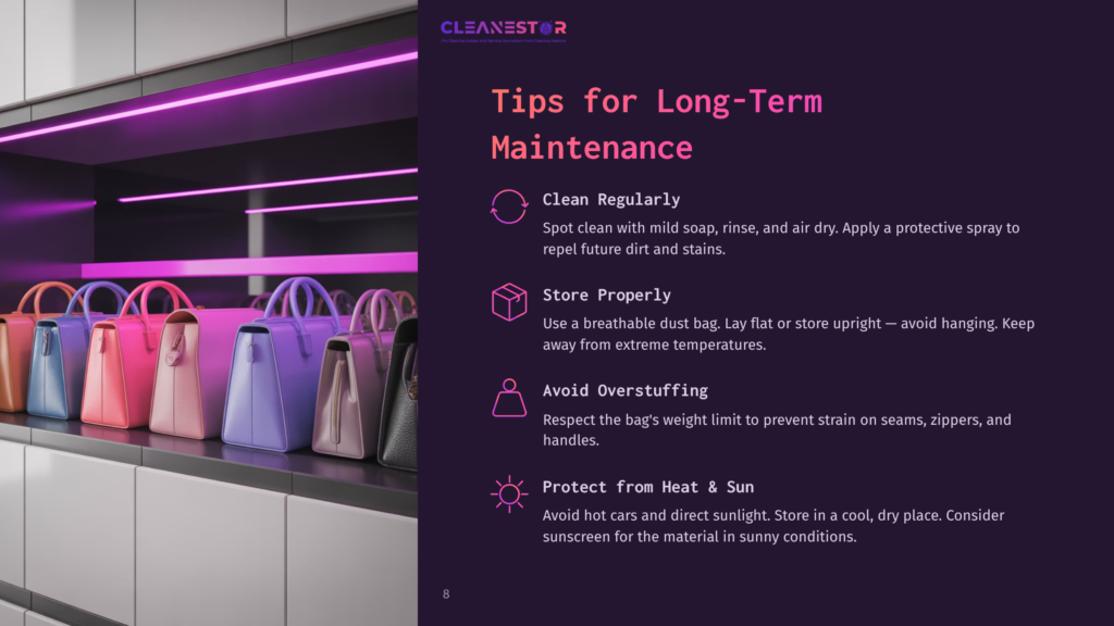Colorful Kipling Bags Displayed On Shelves With Purple Lighting, Accompanied By Maintenance Tips In A Clean, Modern Layout.