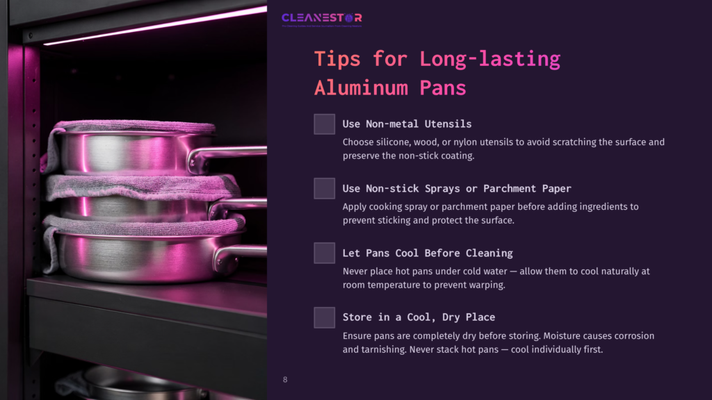 8 Tips For Long Lasting Aluminum Pans Cleanestor Logo And &Quot;Tips For Long-Lasting Aluminum Pans&Quot; Text Overlaying A Close-Up Of Stacked, Shiny Aluminum Pots And Pans With Purple Led Lighting.