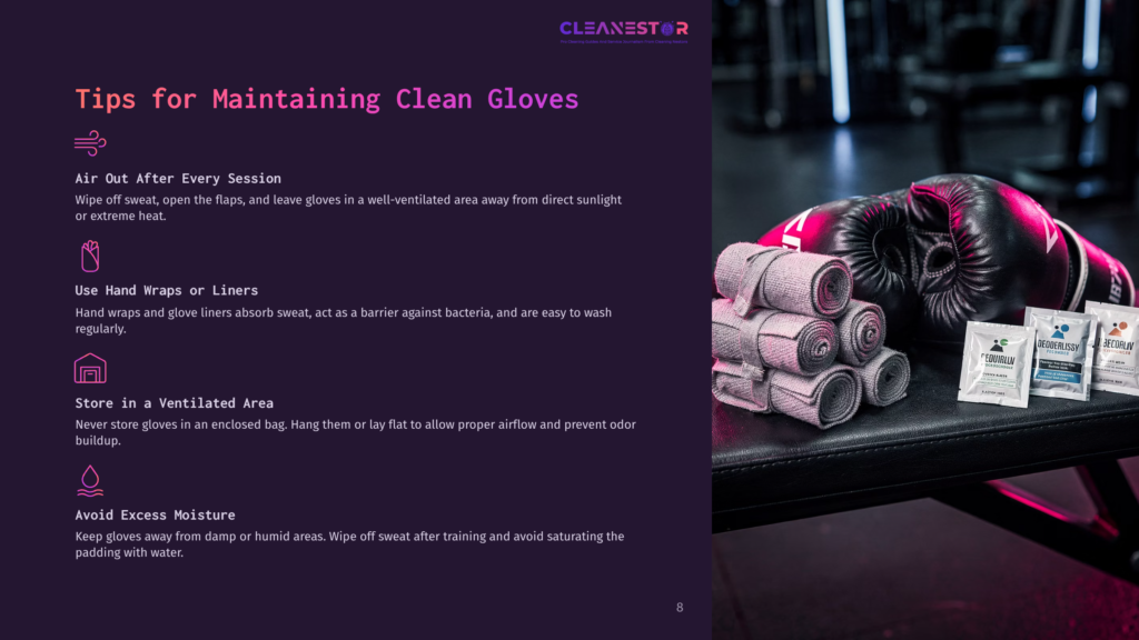 Kickboxing Gloves In Black And Pink On A Bench, Next To Rolled Hand Wraps And Cleaning Products, Set Against A Dark Background.