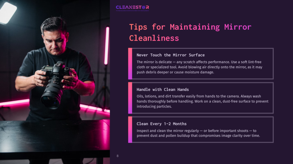 8 Tips For Maintaining Mirror Cleanliness A Man Cleans A Camera Lens With A Soft Cloth, With Pink Lights In The Background. The Image Also Contains Text: &Quot;Cleanestor&Quot;, &Quot;Tips For Maintaining Mirror Cleanliness&Quot;, &Quot;Never Touch The Mirror Surface&Quot;, &Quot;Handle With Clean Hands&Quot;, And &Quot;Clean Every 1-2 Months&Quot;.