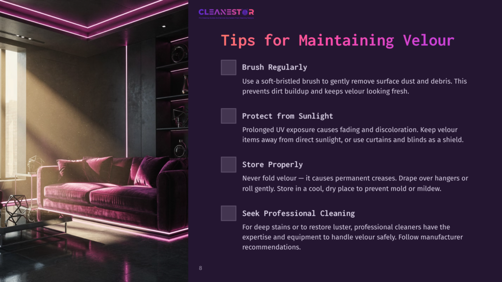 8 Tips For Maintaining Velour Elegant Living Room With A Plush, Dark Red Velour Sofa Illuminated By Neon Pink And Natural Light. The Image Features Text: &Quot;Cleanestor&Quot;, &Quot;Tips For Maintaining Velour&Quot;, &Quot;Brush Regularly&Quot;, &Quot;Protect From Sunlight&Quot;, &Quot;Store Properly&Quot;, &Quot;Seek Professional Cleaning&Quot;, And The Number &Quot;8&Quot;.