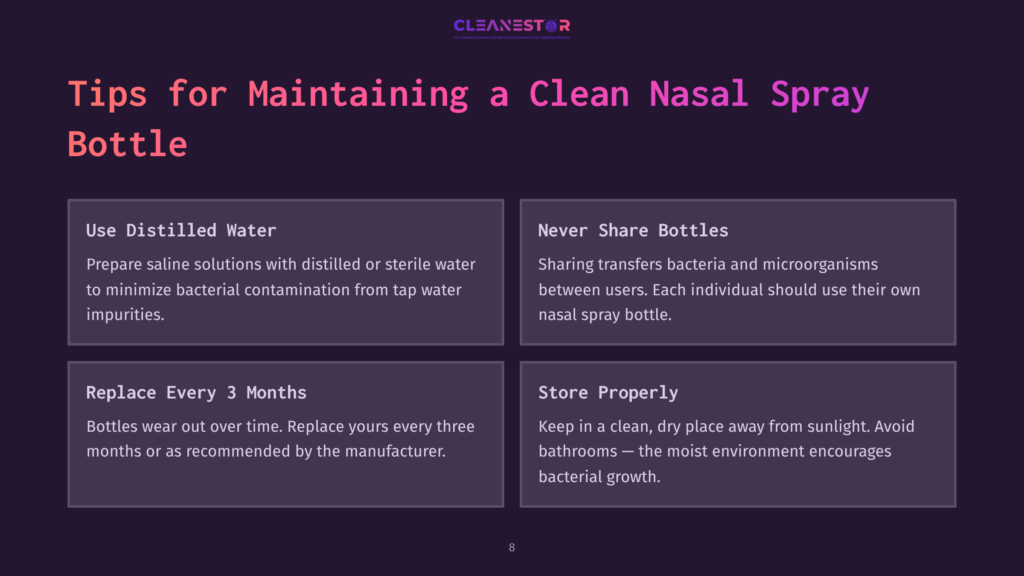 Cleanestor Logo At The Top Of A Slide With The Title &Quot;Tips For Maintaining A Clean Nasal Spray Bottle.&Quot; Four Sections Detail Advice: &Quot;Use Distilled Water,&Quot; &Quot;Never Share Bottles,&Quot; &Quot;Replace Every 3 Months,&Quot; And &Quot;Store Properly.