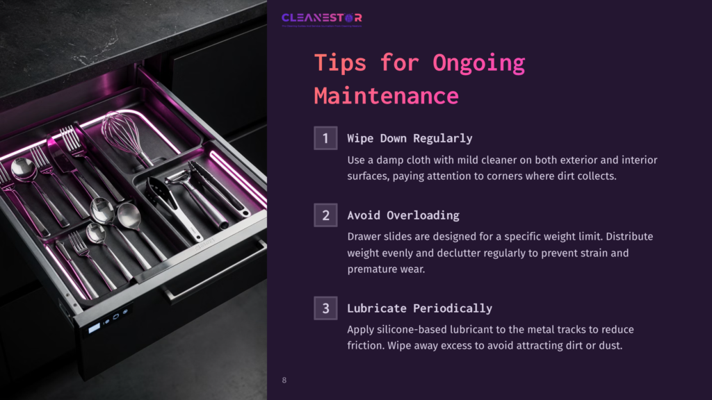 A Clean, Organized Kitchen Drawer With Stainless Steel Cutlery, Utensils, And A Whisk, Illuminated By Soft Purple Led Lights. The Drawer Is Part Of A Cleanestor System, With Text Overlaying The Right Side Of The Image Detailing &Quot;Tips For Ongoing Maintenance&Quot; Including Wiping Down, Avoiding Overloading, And Lubricating.