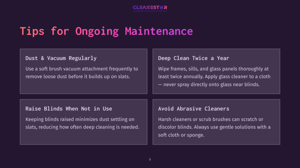 Cleanestor Logo With Text &Quot;Tips For Ongoing Maintenance&Quot; And Four Boxes Detailing Maintenance Advice For Blinds And Glass, Including &Quot;Dust &Amp; Vacuum Regularly&Quot; And &Quot;Deep Clean Twice A Year&Quot;.