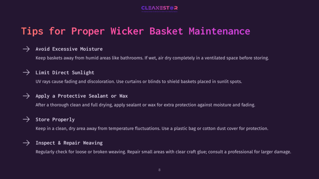 Tips For Proper Wicker Basket Maintenance: Avoid Excessive Moisture, Limit Direct Sunlight, Apply A Protective Sealant Or Wax, Store Properly, And Inspect &Amp; Repair Weaving. Text Overlay On A Dark Background With A Subtle Gradient.