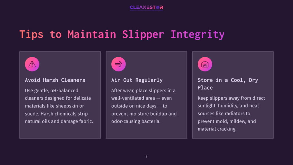 8 Tips To Maintain Slipper Integrity Tips To Maintain Slipper Integrity: Avoid Harsh Cleaners, Air Out Regularly, Store In A Cool, Dry Place. Icons Represent Each Tip.