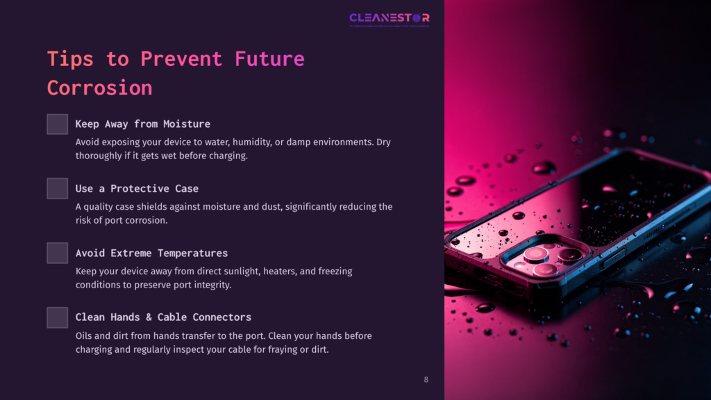8 Tips To Prevent Future Corrosion A Smartphone On A Pink Background, Partially Covered In Water Droplets, With Advice On Preventing Corrosion Displayed Alongside It.