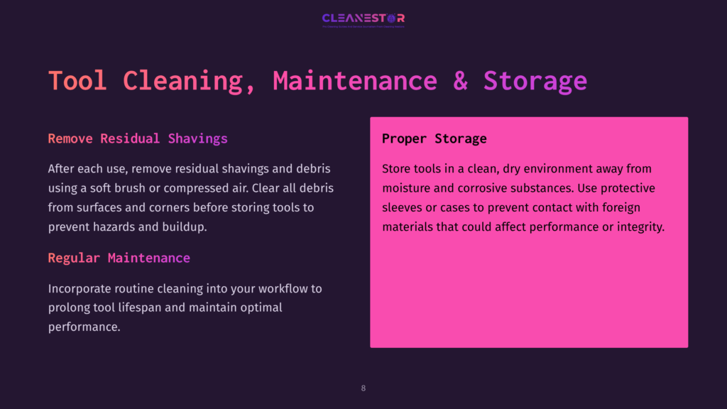 Cleanestor Logo With Text &Quot;Tool Cleaning, Maintenance &Amp; Storage&Quot; And Bullet Points: &Quot;Remove Residual Shavings&Quot; And &Quot;Proper Storage&Quot; With Instructions.