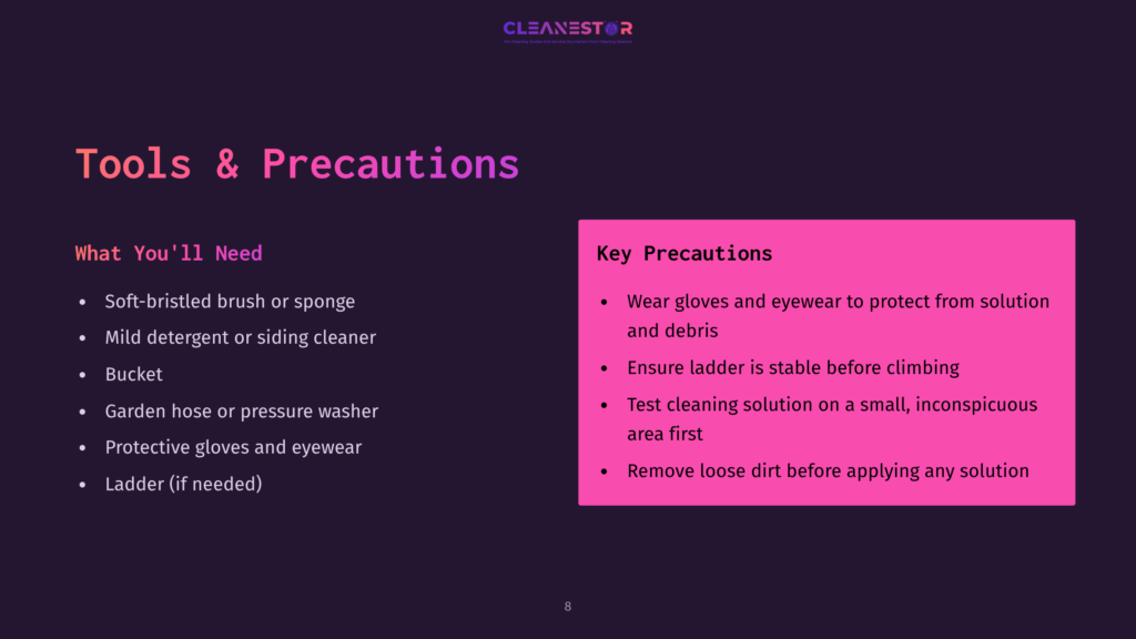 Dark Purple Slide Titled &Quot;Tools &Amp; Precautions&Quot; With Sections &Quot;What You'Ll Need&Quot; And &Quot;Key Precautions&Quot; Listing Cleaning Supplies And Safety Tips.