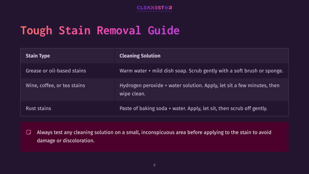 Guide On Tough Stain Removal Featuring A Dark Background With Text In Purple And White Detailing Solutions For Grease, Wine, And Rust Stains.