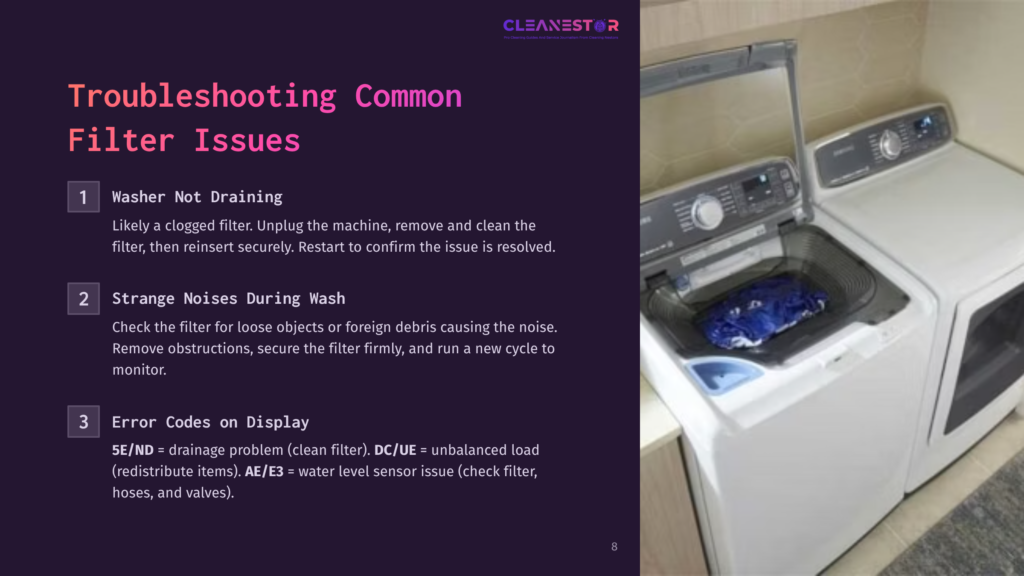 A Side-By-Side View Of A Top-Loading Samsung Washer And Dryer Set, With Troubleshooting Tips For Filter Issues Highlighted On The Left.